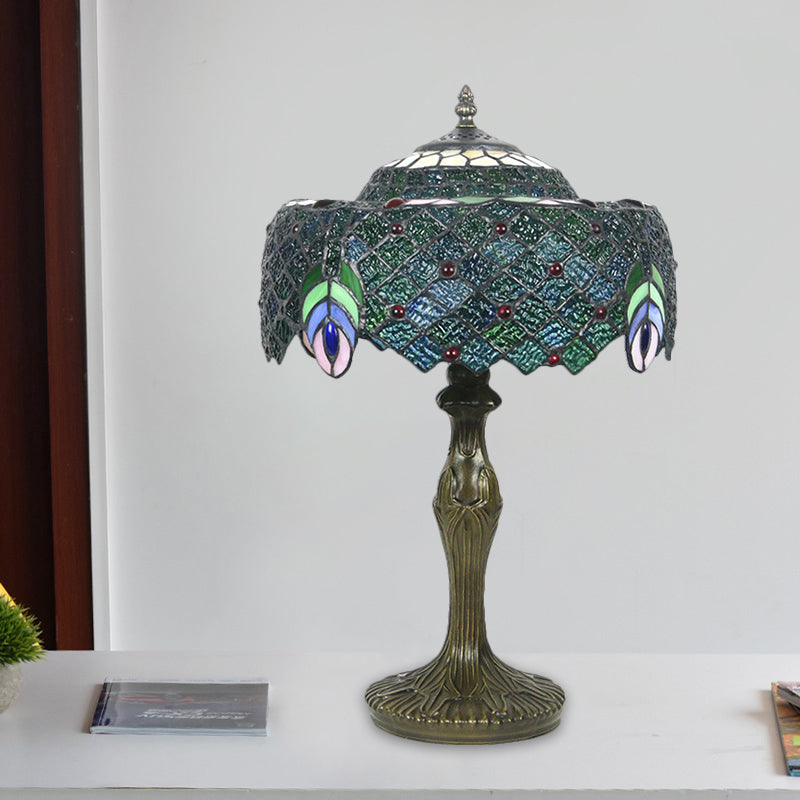 1 Bulb Night Table Lamp Baroque Drum Cut Glass Nightstand Light in Blue with Peacock Feather Pattern Blue Clearhalo 'Lamps' 'Table Lamps' Lighting' 1710874