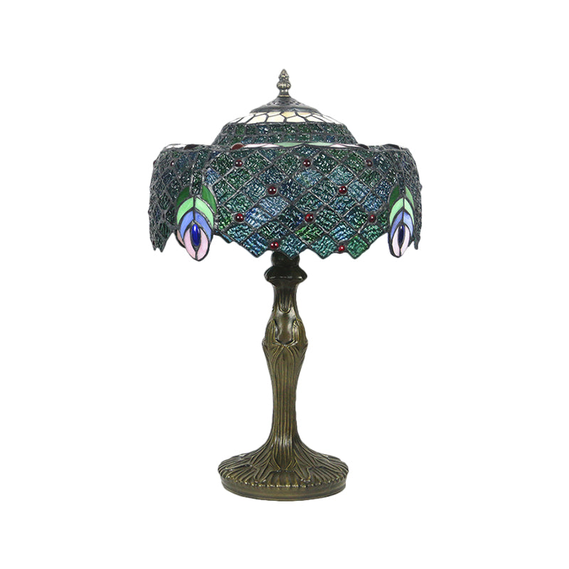 1 Bulb Night Table Lamp Baroque Drum Cut Glass Nightstand Light in Blue with Peacock Feather Pattern Clearhalo 'Lamps' 'Table Lamps' Lighting' 1710876