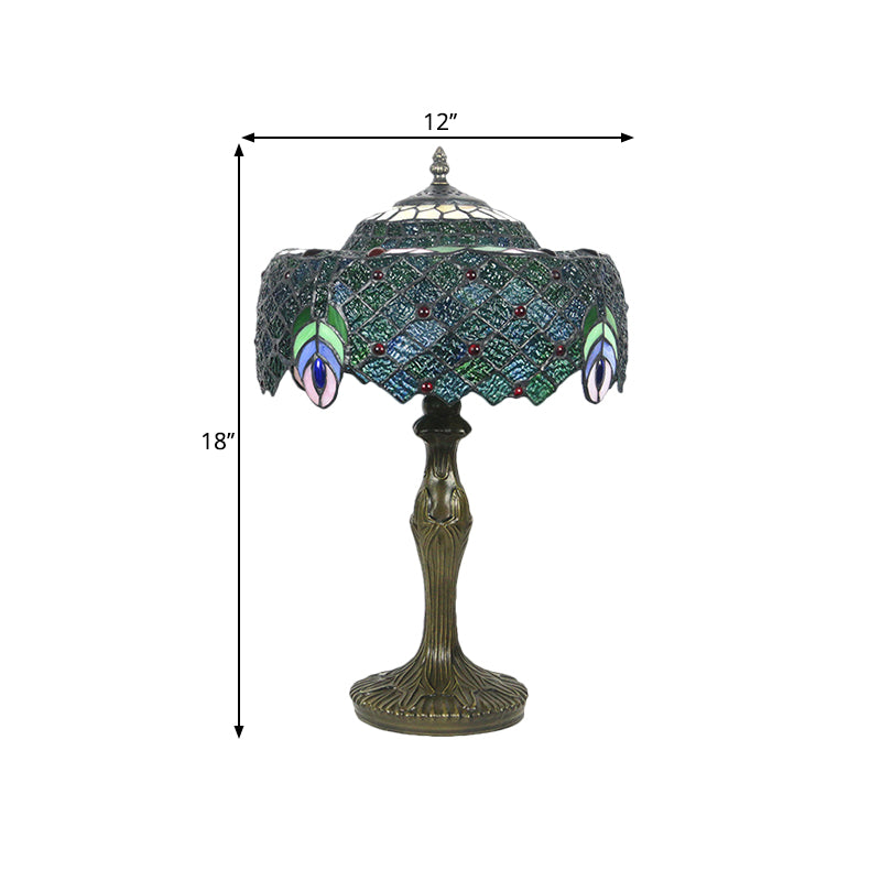 1 Bulb Night Table Lamp Baroque Drum Cut Glass Nightstand Light in Blue with Peacock Feather Pattern Clearhalo 'Lamps' 'Table Lamps' Lighting' 1710877