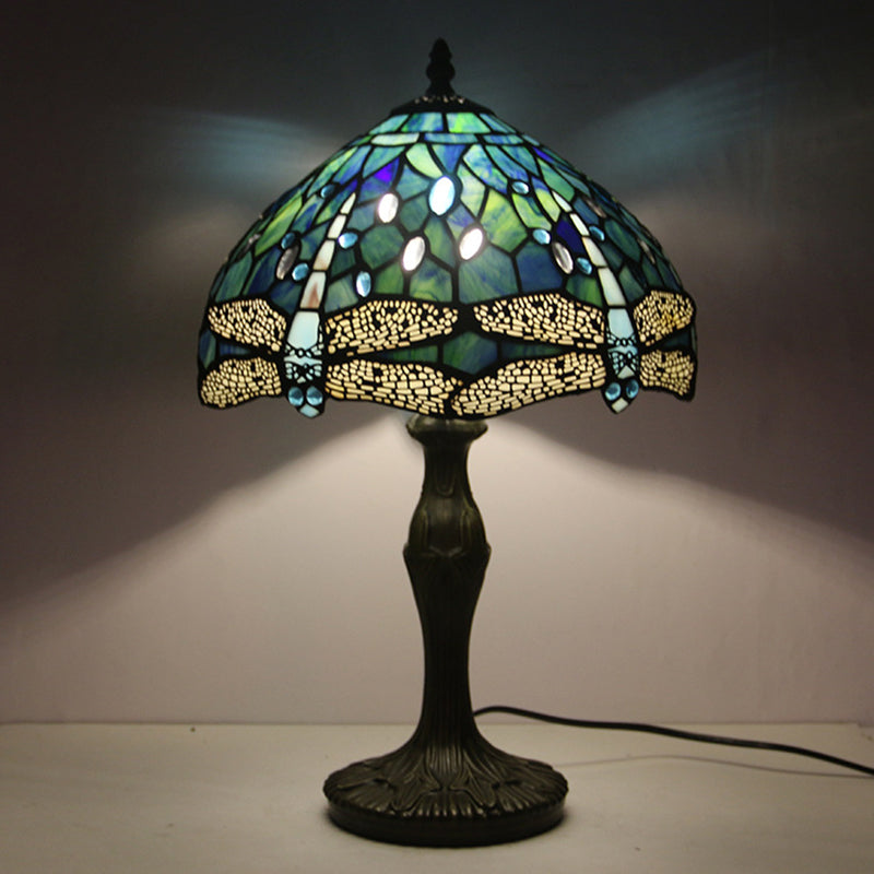 Bowl Stained Glass Night Lamp Mediterranean 1-Light Brass Nightstand Light with Dragonfly Pattern Brass Clearhalo 'Lamps' 'Table Lamps' Lighting' 1710882