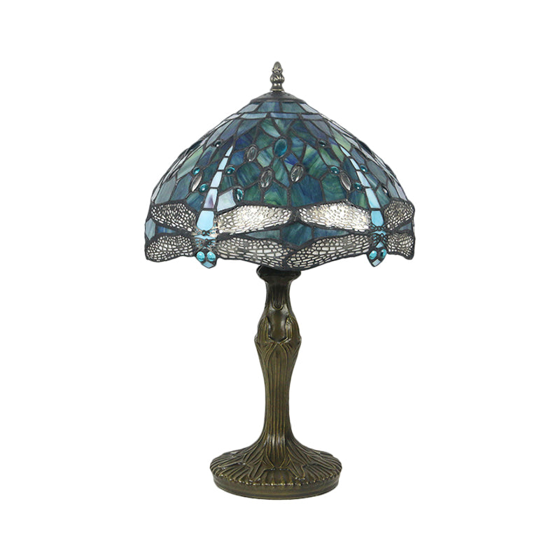 Bowl Stained Glass Night Lamp Mediterranean 1-Light Brass Nightstand Light with Dragonfly Pattern Clearhalo 'Lamps' 'Table Lamps' Lighting' 1710884