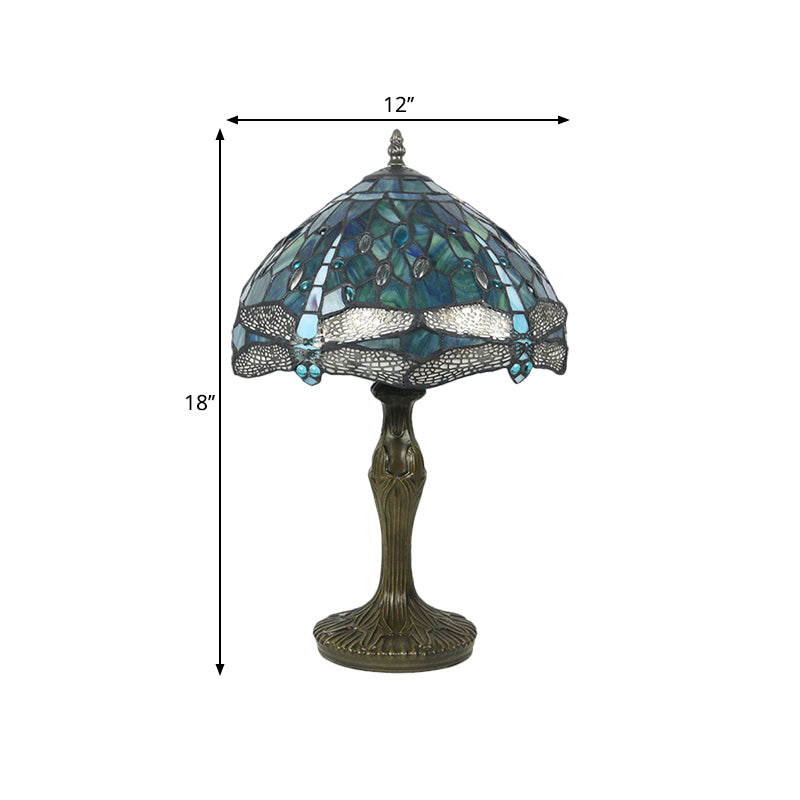 Bowl Stained Glass Night Lamp Mediterranean 1-Light Brass Nightstand Light with Dragonfly Pattern Clearhalo 'Lamps' 'Table Lamps' Lighting' 1710885