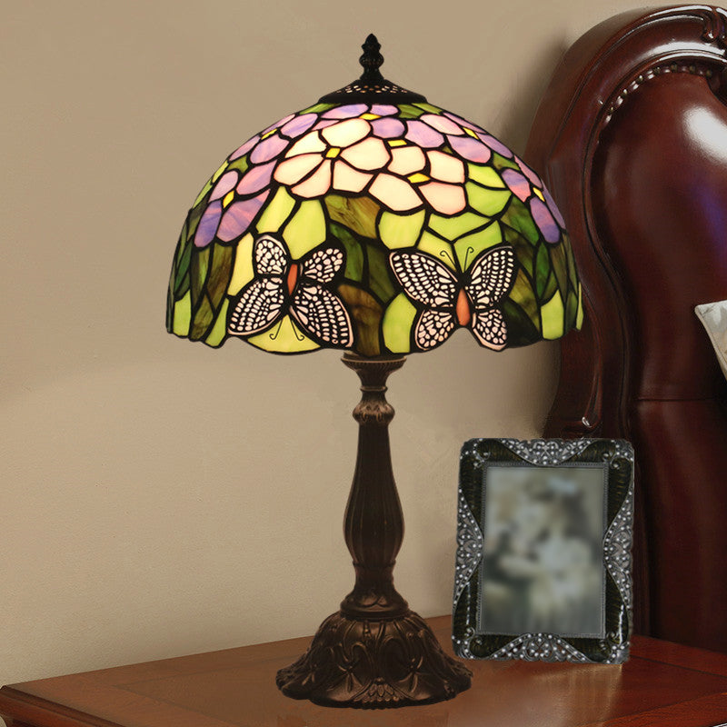 Butterfly and Petal Nightstand Lamp 1 Light Hand Cut Glass Mediterranean Table Lighting in Green with Dome Shade Green Clearhalo 'Lamps' 'Table Lamps' Lighting' 1710894