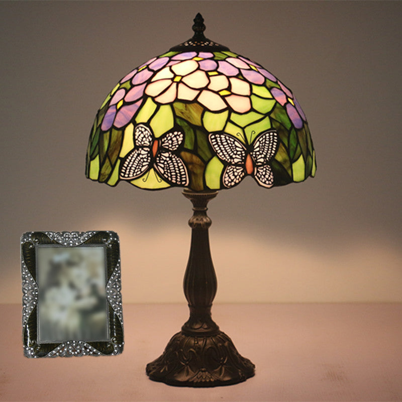 Butterfly and Petal Nightstand Lamp 1 Light Hand Cut Glass Mediterranean Table Lighting in Green with Dome Shade Clearhalo 'Lamps' 'Table Lamps' Lighting' 1710895