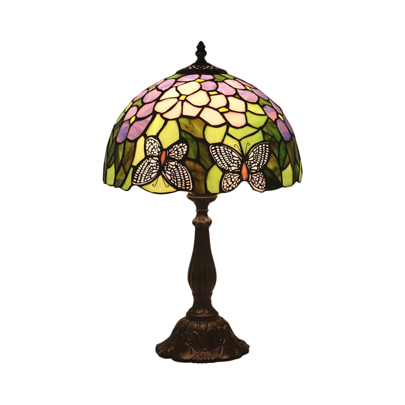 Butterfly and Petal Nightstand Lamp 1 Light Hand Cut Glass Mediterranean Table Lighting in Green with Dome Shade Clearhalo 'Lamps' 'Table Lamps' Lighting' 1710896