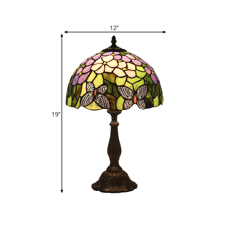 Butterfly and Petal Nightstand Lamp 1 Light Hand Cut Glass Mediterranean Table Lighting in Green with Dome Shade Clearhalo 'Lamps' 'Table Lamps' Lighting' 1710897