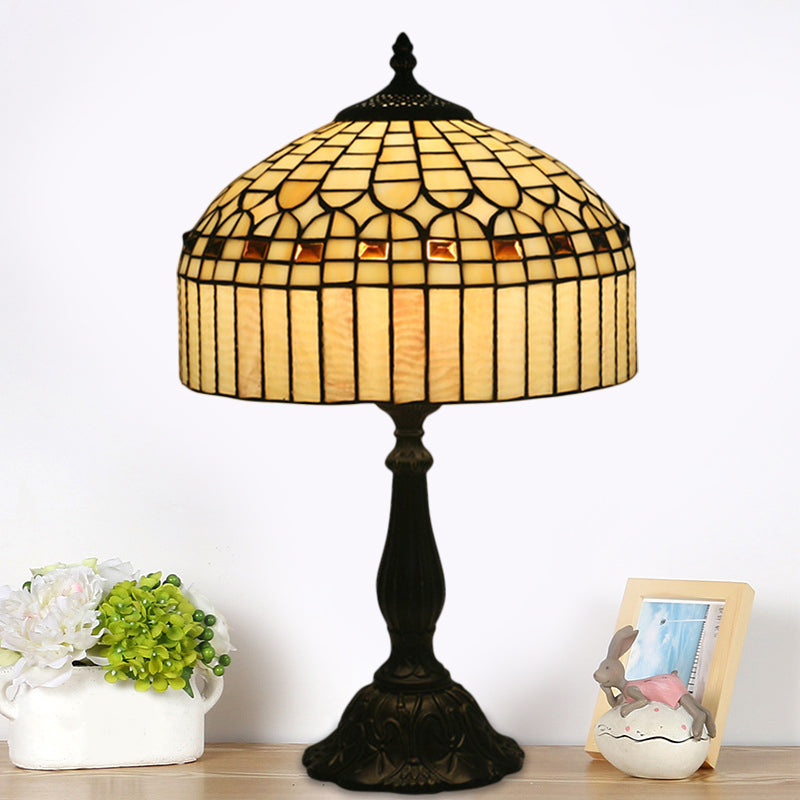 Beige Glass Domed Nightstand Light Tiffany 1 Bulb Brass Geometric Patterned Table Lighting for Bedroom Beige Clearhalo 'Lamps' 'Table Lamps' Lighting' 1710902
