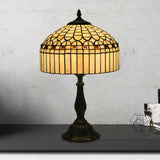 Beige Glass Domed Nightstand Light Tiffany 1 Bulb Brass Geometric Patterned Table Lighting for Bedroom Clearhalo 'Lamps' 'Table Lamps' Lighting' 1710903