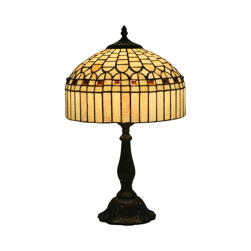 Beige Glass Domed Nightstand Light Tiffany 1 Bulb Brass Geometric Patterned Table Lighting for Bedroom Clearhalo 'Lamps' 'Table Lamps' Lighting' 1710904
