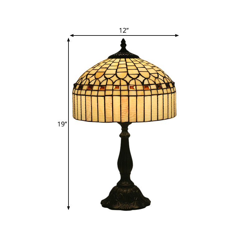Beige Glass Domed Nightstand Light Tiffany 1 Bulb Brass Geometric Patterned Table Lighting for Bedroom Clearhalo 'Lamps' 'Table Lamps' Lighting' 1710905