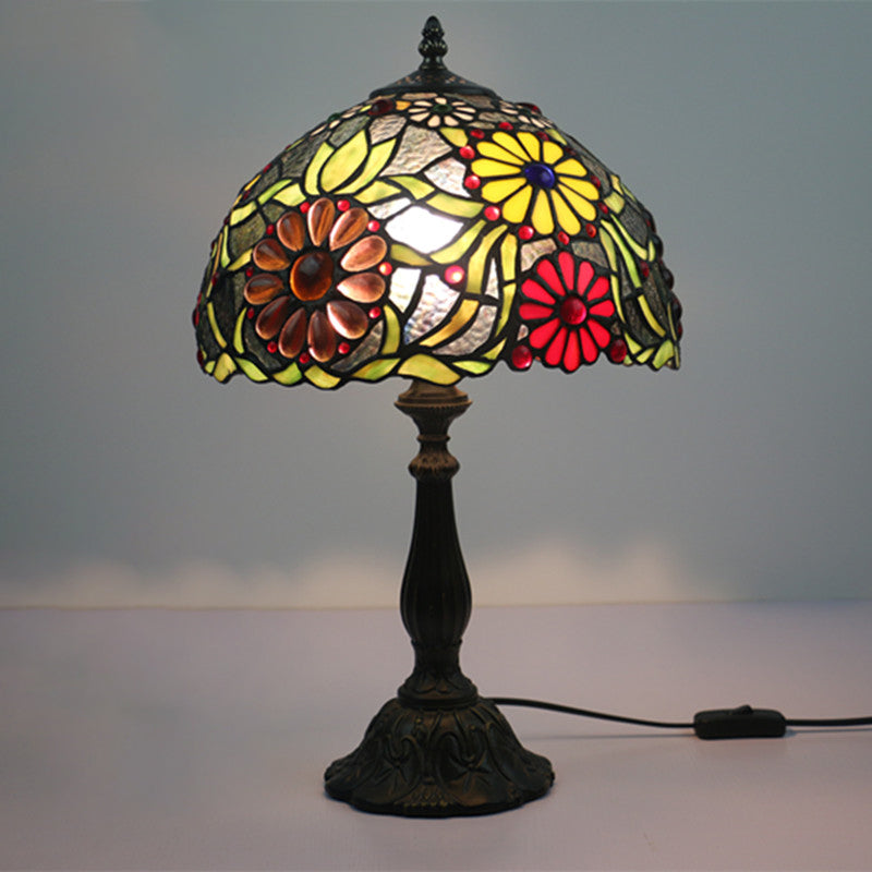 1-Bulb Bowl Table Lamp Mediterranean Green Finish Hand Cut Glass Night Lighting with Flower Pattern Green Clearhalo 'Lamps' 'Table Lamps' Lighting' 1710910