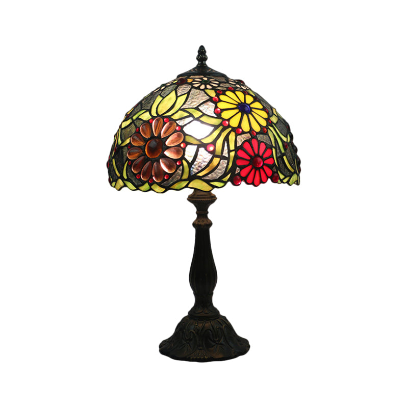 1-Bulb Bowl Table Lamp Mediterranean Green Finish Hand Cut Glass Night Lighting with Flower Pattern Clearhalo 'Lamps' 'Table Lamps' Lighting' 1710912