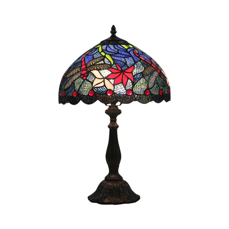 Stained Glass Brass Reading Light Bowl 1 Light Mediterranean Flower Patterned Nightstand Lamp Clearhalo 'Lamps' 'Table Lamps' Lighting' 1710928