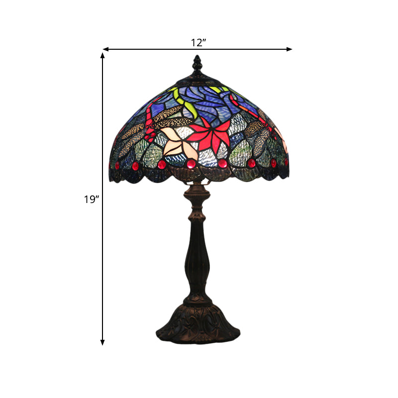 Stained Glass Brass Reading Light Bowl 1 Light Mediterranean Flower Patterned Nightstand Lamp Clearhalo 'Lamps' 'Table Lamps' Lighting' 1710929