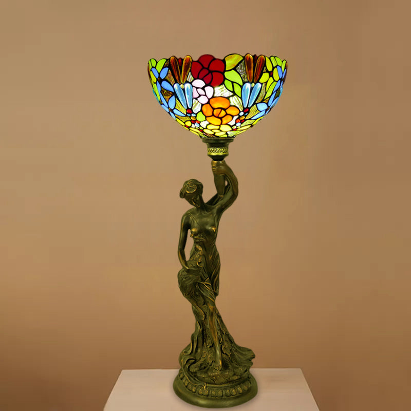 Bowl Table Lighting 1 Head Stained Glass Baroque Petal/Dragonfly Patterned Night Lamp in Brass with Resin Naked Woman Base Brass A Clearhalo 'Lamps' 'Table Lamps' Lighting' 1710934