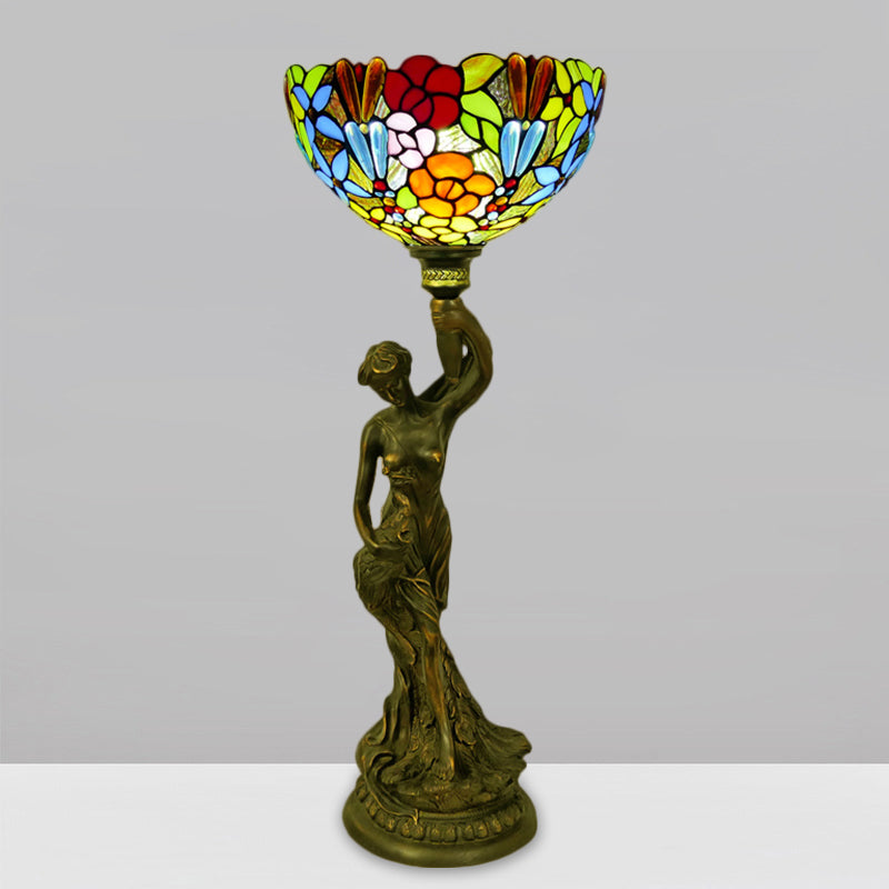 Bowl Table Lighting 1 Head Stained Glass Baroque Petal/Dragonfly Patterned Night Lamp in Brass with Resin Naked Woman Base Clearhalo 'Lamps' 'Table Lamps' Lighting' 1710935