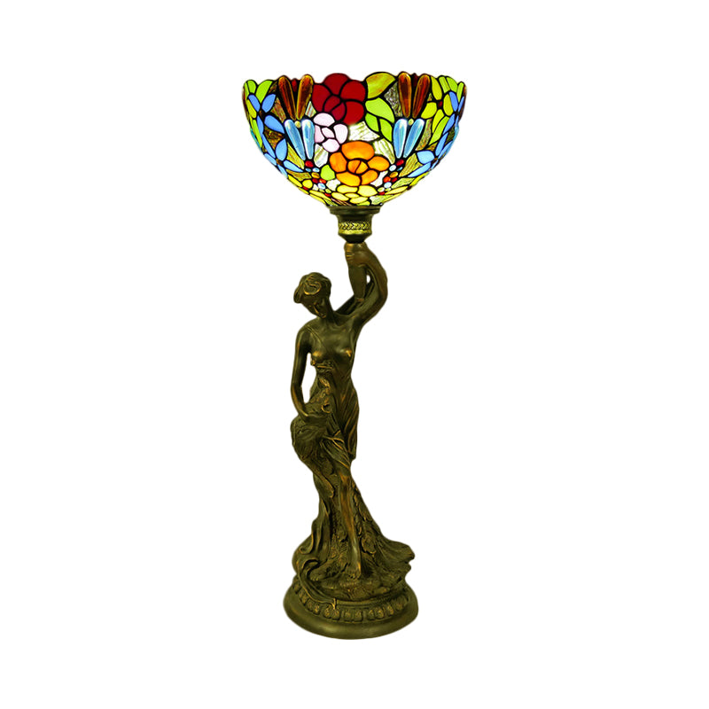 Bowl Table Lighting 1 Head Stained Glass Baroque Petal/Dragonfly Patterned Night Lamp in Brass with Resin Naked Woman Base Clearhalo 'Lamps' 'Table Lamps' Lighting' 1710936