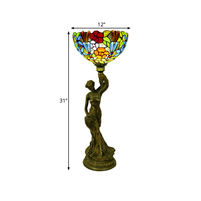 Bowl Table Lighting 1 Head Stained Glass Baroque Petal/Dragonfly Patterned Night Lamp in Brass with Resin Naked Woman Base Clearhalo 'Lamps' 'Table Lamps' Lighting' 1710937