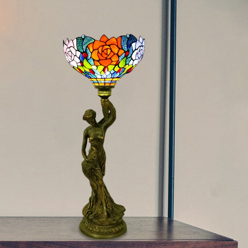 Bowl Table Lighting 1 Head Stained Glass Baroque Petal/Dragonfly Patterned Night Lamp in Brass with Resin Naked Woman Base Brass B Clearhalo 'Lamps' 'Table Lamps' Lighting' 1710938