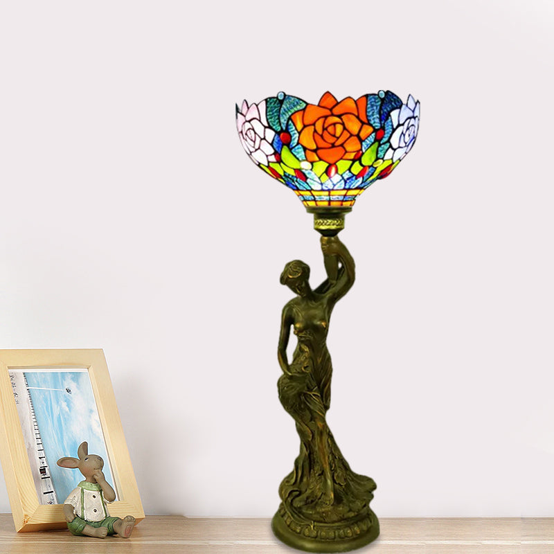 Bowl Table Lighting 1 Head Stained Glass Baroque Petal/Dragonfly Patterned Night Lamp in Brass with Resin Naked Woman Base Clearhalo 'Lamps' 'Table Lamps' Lighting' 1710939