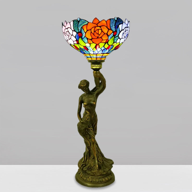 Bowl Table Lighting 1 Head Stained Glass Baroque Petal/Dragonfly Patterned Night Lamp in Brass with Resin Naked Woman Base Clearhalo 'Lamps' 'Table Lamps' Lighting' 1710940