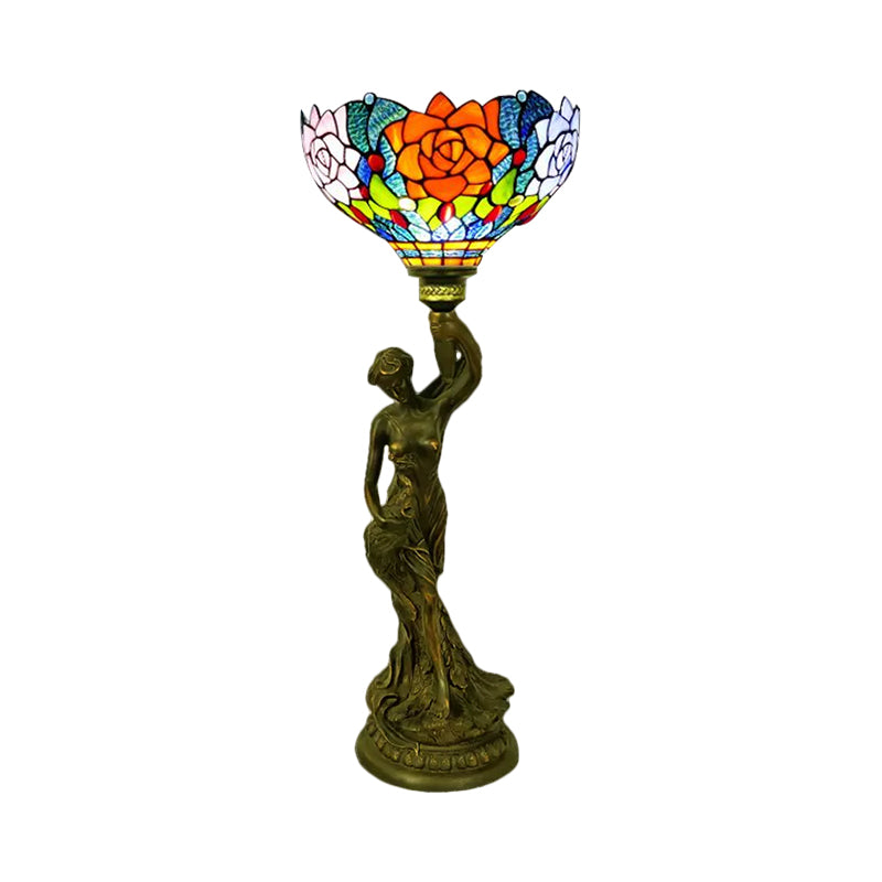 Bowl Table Lighting 1 Head Stained Glass Baroque Petal/Dragonfly Patterned Night Lamp in Brass with Resin Naked Woman Base Clearhalo 'Lamps' 'Table Lamps' Lighting' 1710941