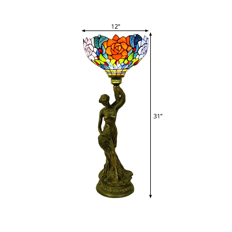 Bowl Table Lighting 1 Head Stained Glass Baroque Petal/Dragonfly Patterned Night Lamp in Brass with Resin Naked Woman Base Clearhalo 'Lamps' 'Table Lamps' Lighting' 1710942