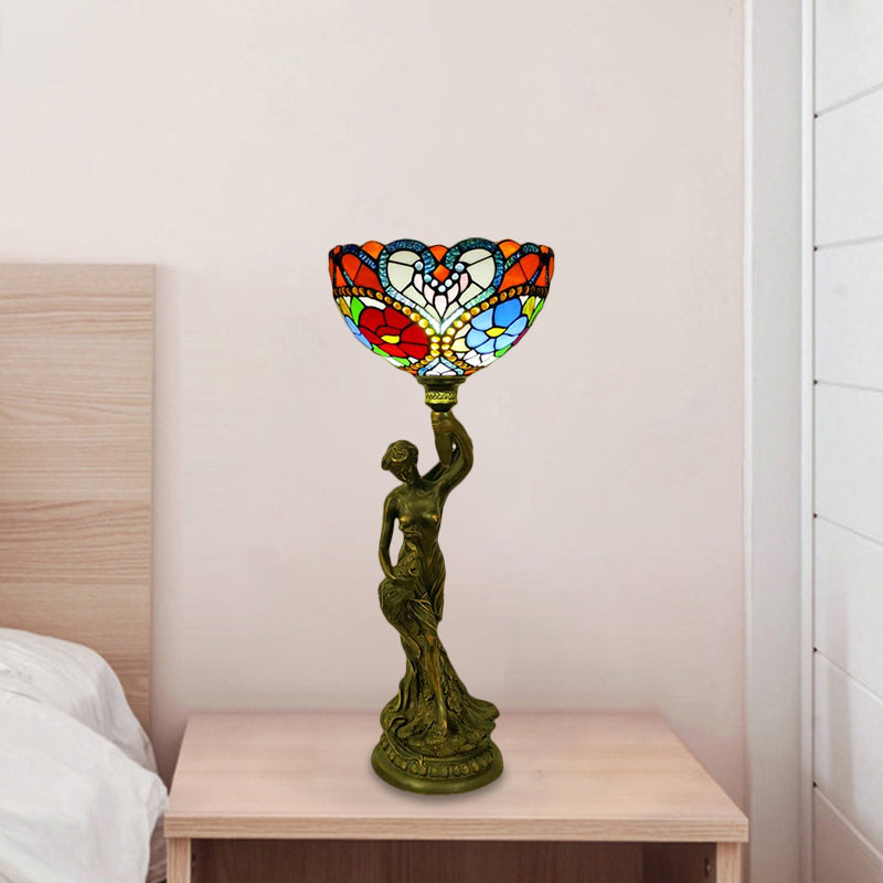 Bowl Table Lighting 1 Head Stained Glass Baroque Petal/Dragonfly Patterned Night Lamp in Brass with Resin Naked Woman Base Brass C Clearhalo 'Lamps' 'Table Lamps' Lighting' 1710943