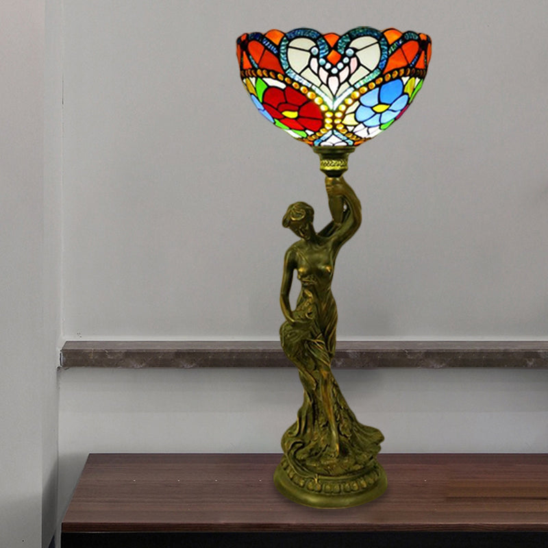 Bowl Table Lighting 1 Head Stained Glass Baroque Petal/Dragonfly Patterned Night Lamp in Brass with Resin Naked Woman Base Clearhalo 'Lamps' 'Table Lamps' Lighting' 1710944