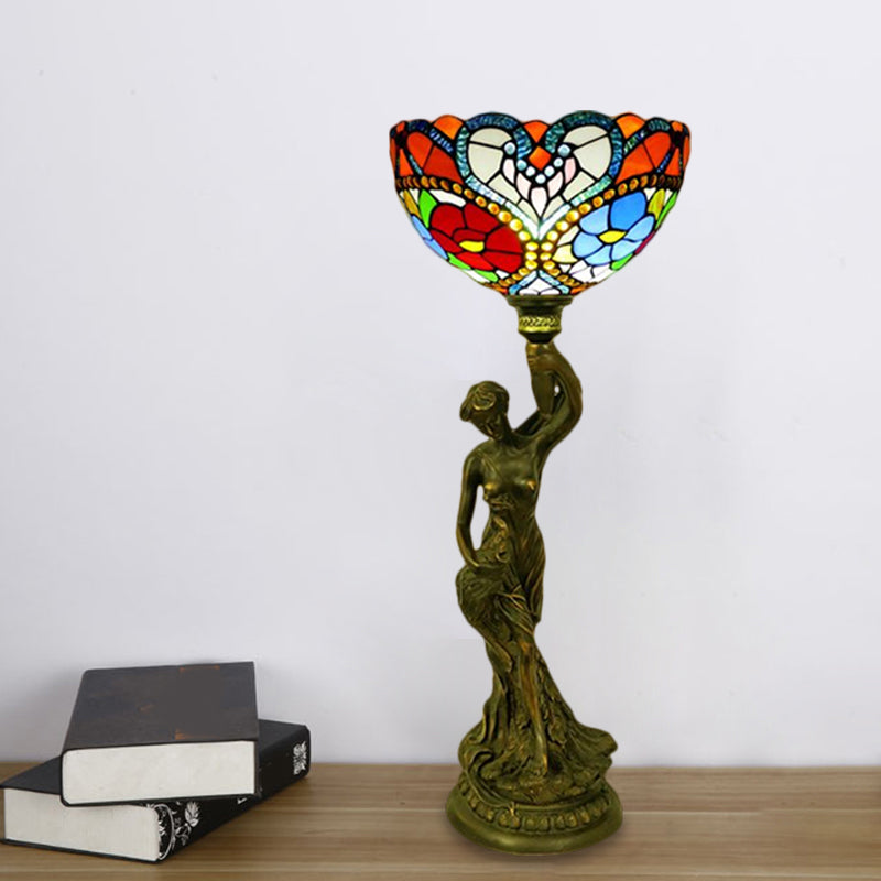 Bowl Table Lighting 1 Head Stained Glass Baroque Petal/Dragonfly Patterned Night Lamp in Brass with Resin Naked Woman Base Clearhalo 'Lamps' 'Table Lamps' Lighting' 1710945