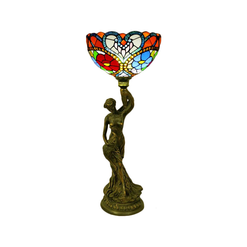 Bowl Table Lighting 1 Head Stained Glass Baroque Petal/Dragonfly Patterned Night Lamp in Brass with Resin Naked Woman Base Clearhalo 'Lamps' 'Table Lamps' Lighting' 1710946