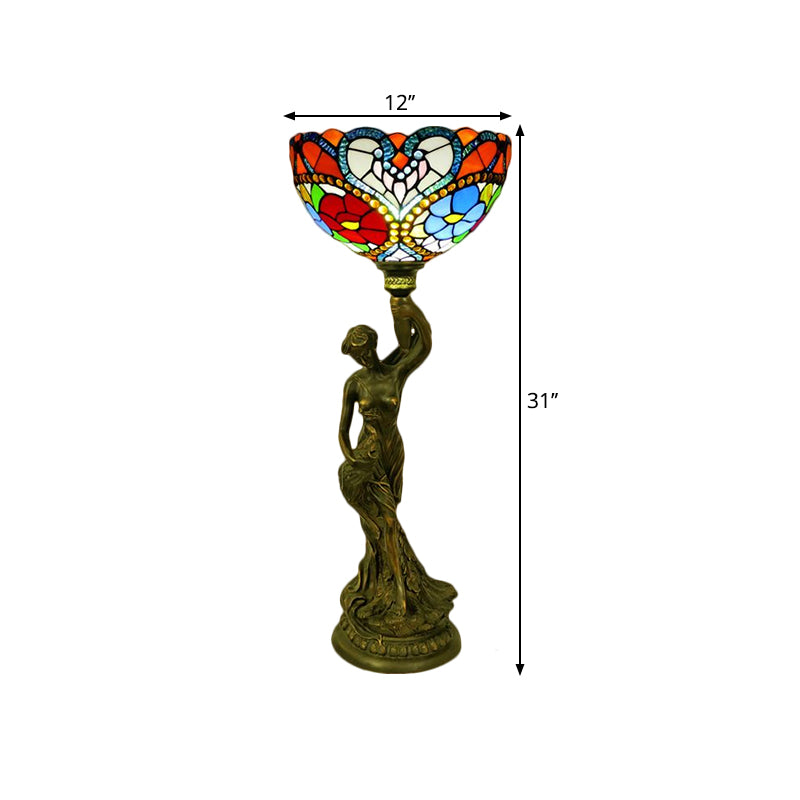 Bowl Table Lighting 1 Head Stained Glass Baroque Petal/Dragonfly Patterned Night Lamp in Brass with Resin Naked Woman Base Clearhalo 'Lamps' 'Table Lamps' Lighting' 1710947