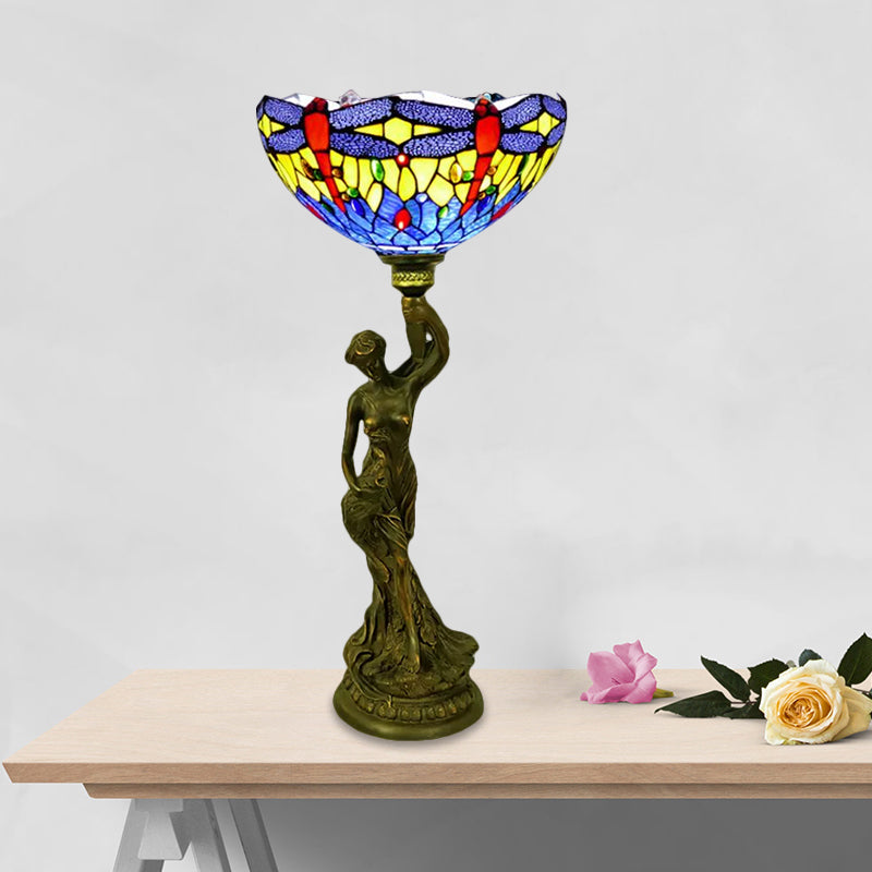 Bowl Table Lighting 1 Head Stained Glass Baroque Petal/Dragonfly Patterned Night Lamp in Brass with Resin Naked Woman Base Brass D Clearhalo 'Lamps' 'Table Lamps' Lighting' 1710948