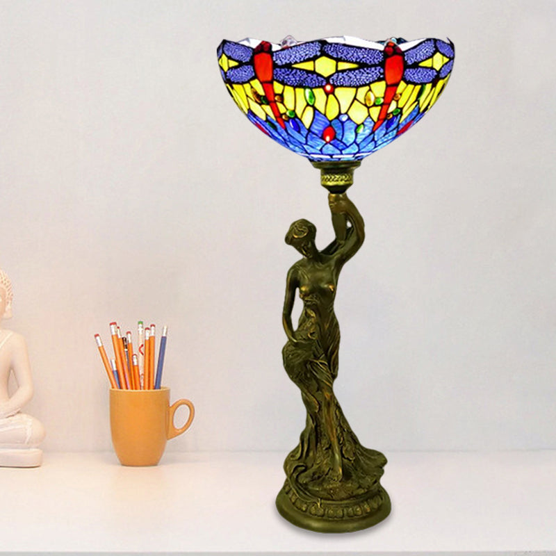Bowl Table Lighting 1 Head Stained Glass Baroque Petal/Dragonfly Patterned Night Lamp in Brass with Resin Naked Woman Base Clearhalo 'Lamps' 'Table Lamps' Lighting' 1710949