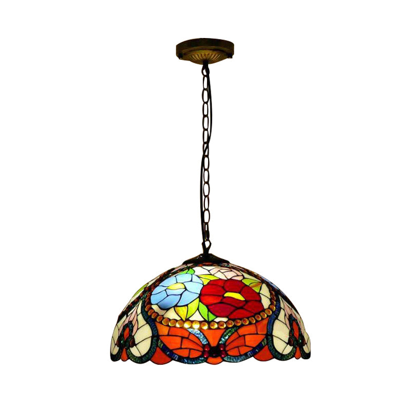 3 Bulbs Bloom Ceiling Lamp Victorian Red/Yellow/Red-Yellow-Blue-Green Stained Glass Ceiling Pendant Light with Adjustable Metal Chain Clearhalo 'Ceiling Lights' 'Chandeliers' 'Close To Ceiling Lights' 'Glass shade' 'Glass' 'Industrial' 'Middle Century Chandeliers' 'Tiffany Chandeliers' 'Tiffany close to ceiling' 'Tiffany' Lighting' 171095