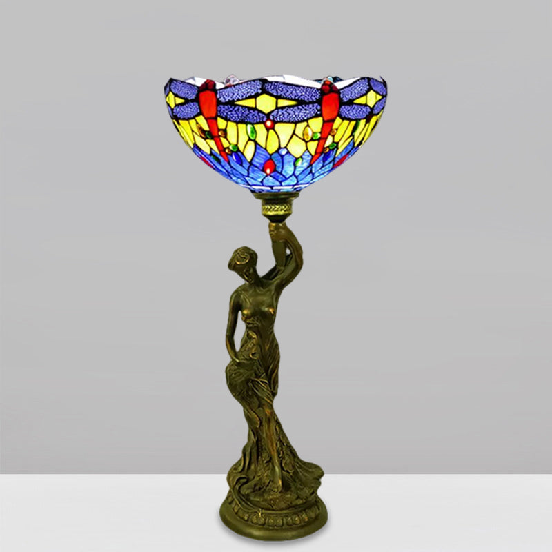 Bowl Table Lighting 1 Head Stained Glass Baroque Petal/Dragonfly Patterned Night Lamp in Brass with Resin Naked Woman Base Clearhalo 'Lamps' 'Table Lamps' Lighting' 1710950