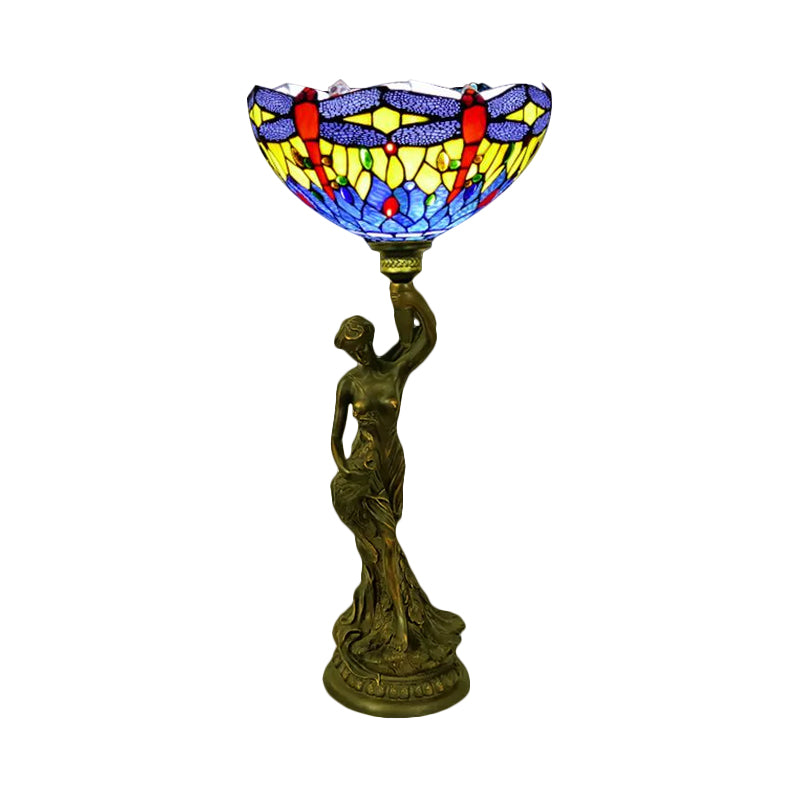 Bowl Table Lighting 1 Head Stained Glass Baroque Petal/Dragonfly Patterned Night Lamp in Brass with Resin Naked Woman Base Clearhalo 'Lamps' 'Table Lamps' Lighting' 1710951