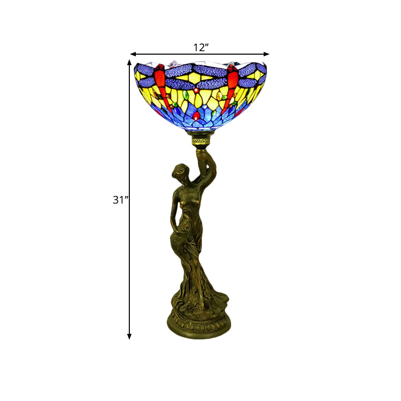 Bowl Table Lighting 1 Head Stained Glass Baroque Petal/Dragonfly Patterned Night Lamp in Brass with Resin Naked Woman Base Clearhalo 'Lamps' 'Table Lamps' Lighting' 1710952