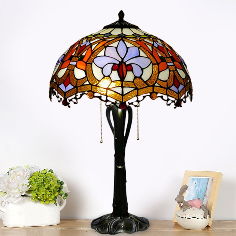 Cone/Dome Nightstand Lighting Victorian Cut Glass 2-Head Gold Pull Chain Table Lamp with Blossom Pattern Gold C Clearhalo 'Lamps' 'Table Lamps' Lighting' 1710962