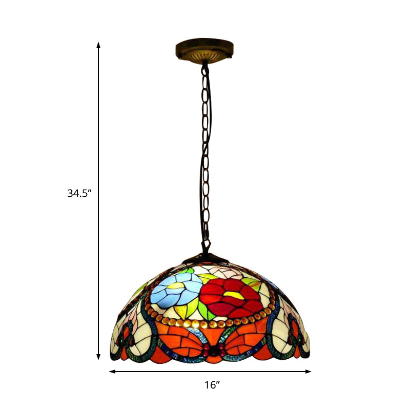 3 Bulbs Bloom Ceiling Lamp Victorian Red/Yellow/Red-Yellow-Blue-Green Stained Glass Ceiling Pendant Light with Adjustable Metal Chain Clearhalo 'Ceiling Lights' 'Chandeliers' 'Close To Ceiling Lights' 'Glass shade' 'Glass' 'Industrial' 'Middle Century Chandeliers' 'Tiffany Chandeliers' 'Tiffany close to ceiling' 'Tiffany' Lighting' 171097