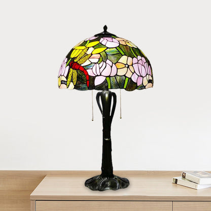 Cone/Dome Nightstand Lighting Victorian Cut Glass 2-Head Gold Pull Chain Table Lamp with Blossom Pattern Gold E Clearhalo 'Lamps' 'Table Lamps' Lighting' 1710972