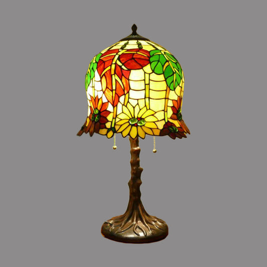 Victorian Bell Table Light 2 Heads Hand Cut Glass Blossom Patterned Nightstand Lamp in Yellow and Green with Pull Chain Clearhalo 'Lamps' 'Table Lamps' Lighting' 1710978