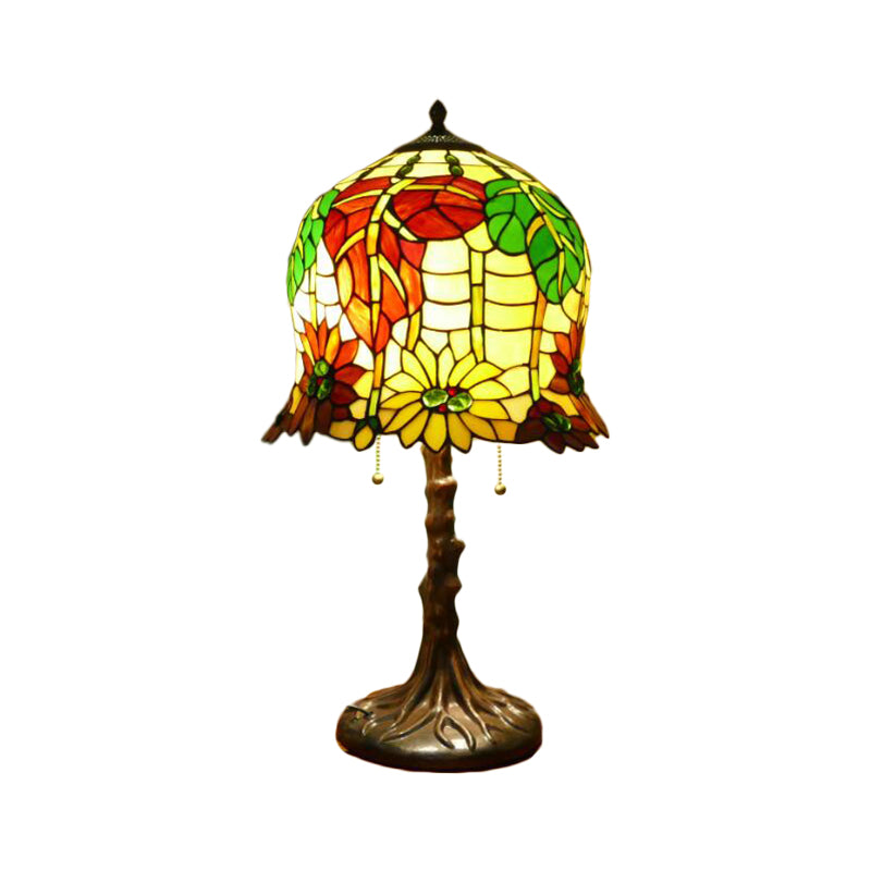 Victorian Bell Table Light 2 Heads Hand Cut Glass Blossom Patterned Nightstand Lamp in Yellow and Green with Pull Chain Clearhalo 'Lamps' 'Table Lamps' Lighting' 1710979