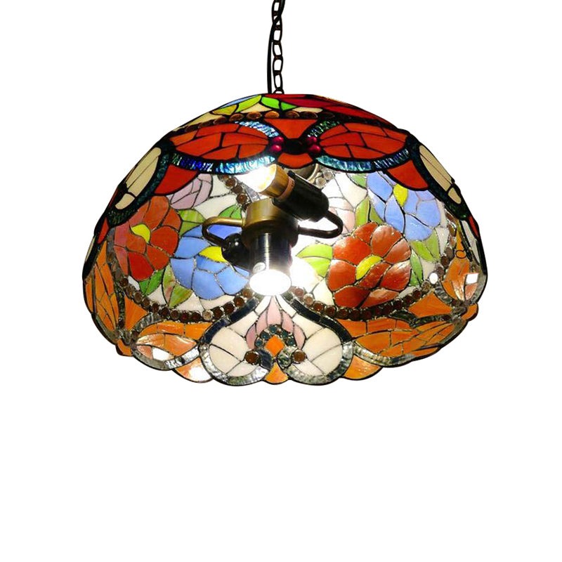 3 Bulbs Bloom Ceiling Lamp Victorian Red/Yellow/Red-Yellow-Blue-Green Stained Glass Ceiling Pendant Light with Adjustable Metal Chain Clearhalo 'Ceiling Lights' 'Chandeliers' 'Close To Ceiling Lights' 'Glass shade' 'Glass' 'Industrial' 'Middle Century Chandeliers' 'Tiffany Chandeliers' 'Tiffany close to ceiling' 'Tiffany' Lighting' 171098