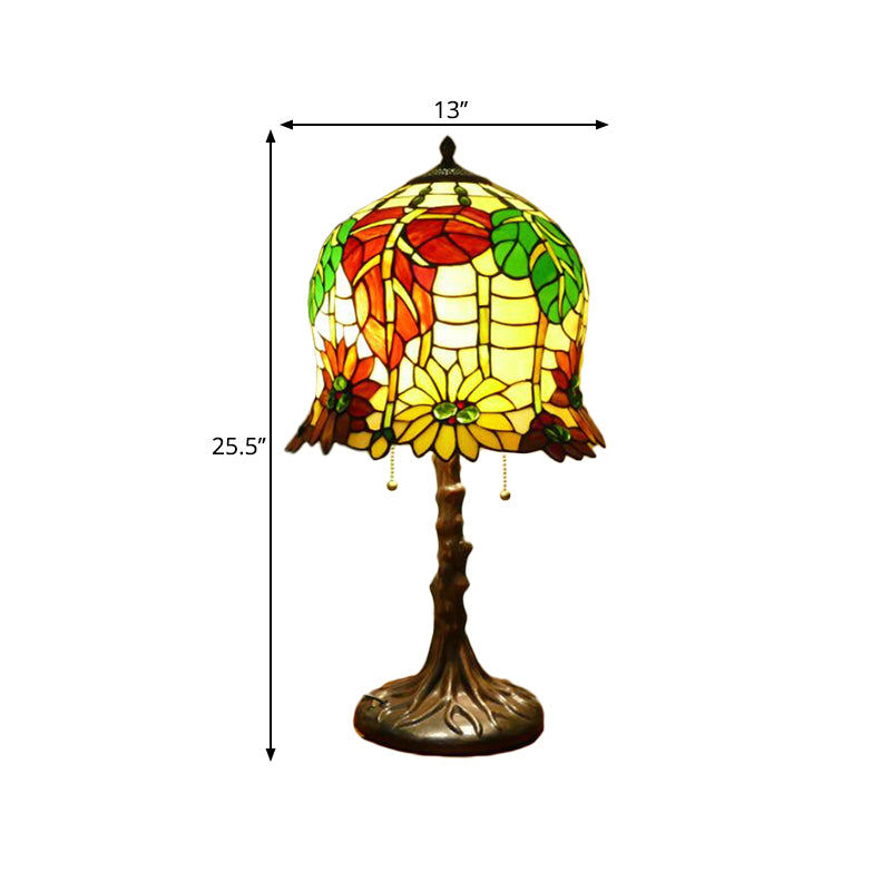 Victorian Bell Table Light 2 Heads Hand Cut Glass Blossom Patterned Nightstand Lamp in Yellow and Green with Pull Chain Clearhalo 'Lamps' 'Table Lamps' Lighting' 1710980