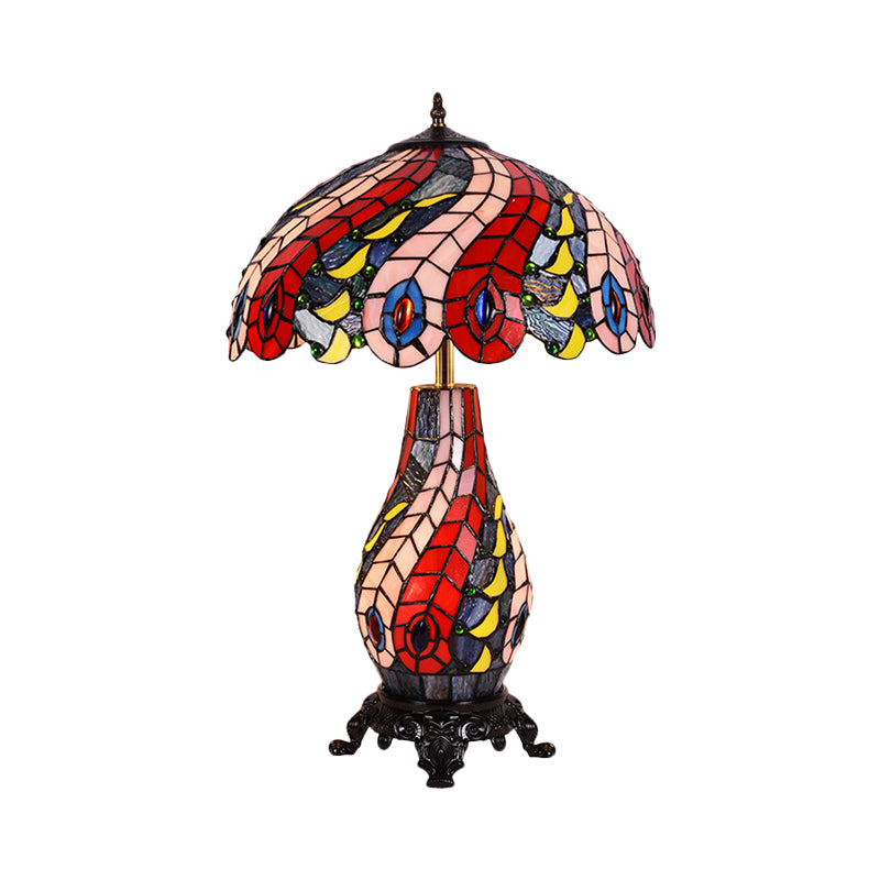 Scalloped Dome Cut Glass Table Lamp Tiffany 2-Light Red Night Light with Peacock Pattern Clearhalo 'Lamps' 'Table Lamps' Lighting' 1710983