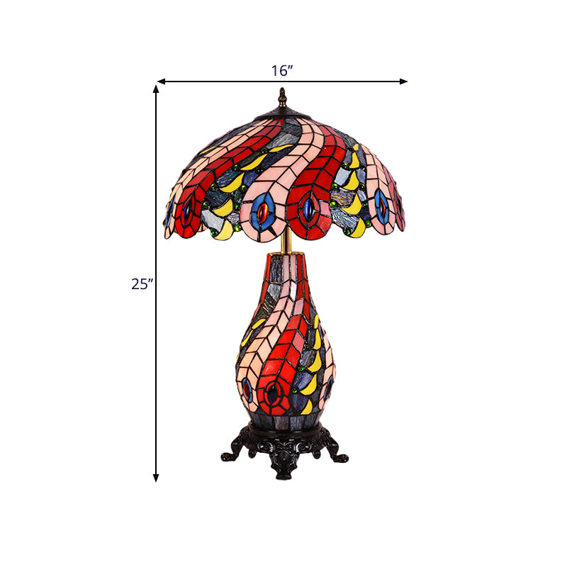 Scalloped Dome Cut Glass Table Lamp Tiffany 2-Light Red Night Light with Peacock Pattern Clearhalo 'Lamps' 'Table Lamps' Lighting' 1710984
