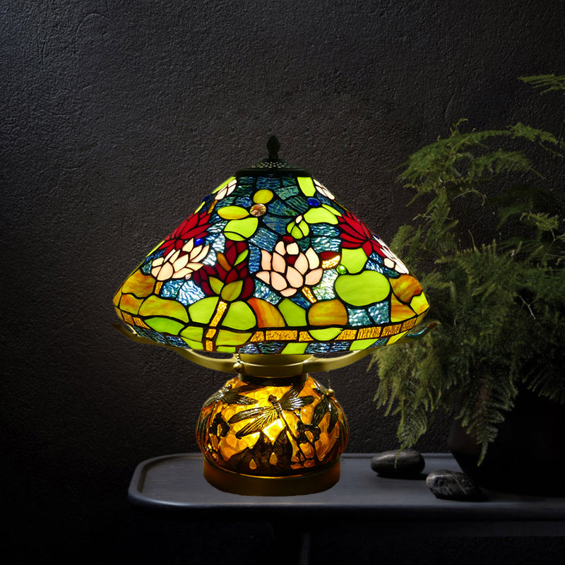 Stained Glass Conic Table Lamp Mediterranean 3 Heads Green Lotus Patterned Night Lighting for Bedroom Clearhalo 'Lamps' 'Table Lamps' Lighting' 1710986