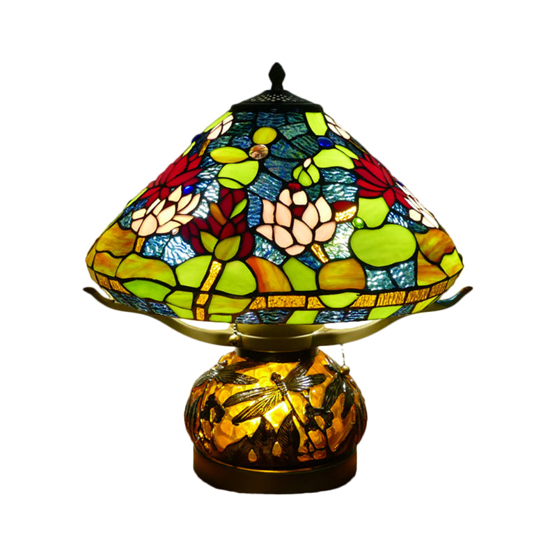 Stained Glass Conic Table Lamp Mediterranean 3 Heads Green Lotus Patterned Night Lighting for Bedroom Clearhalo 'Lamps' 'Table Lamps' Lighting' 1710987