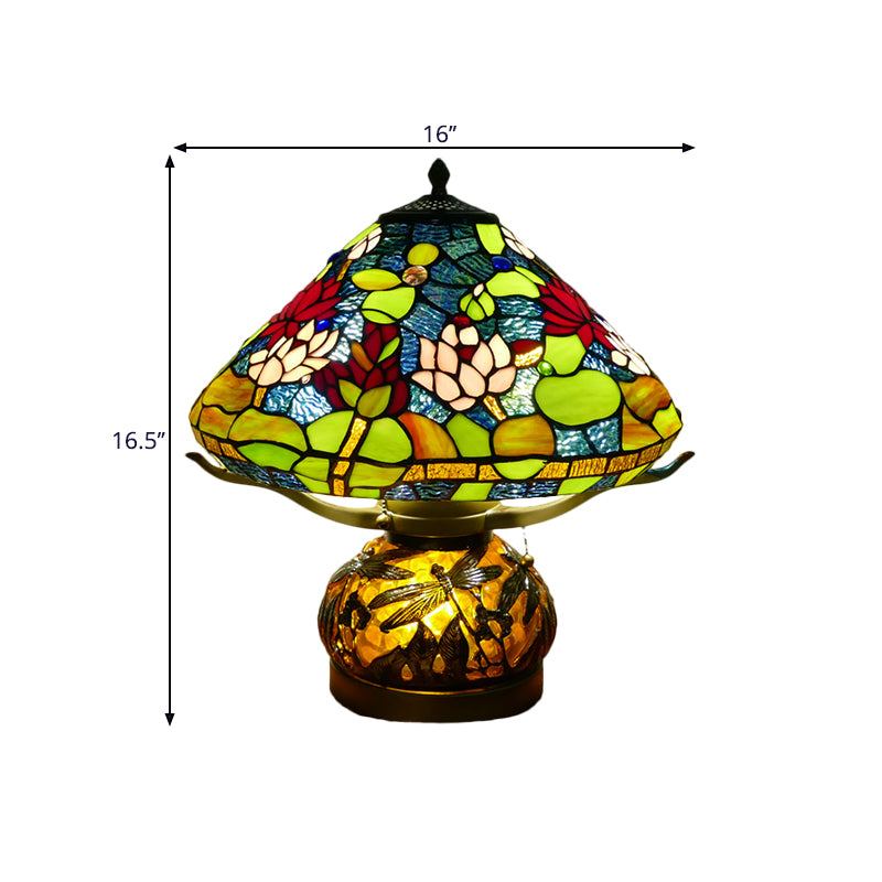 Stained Glass Conic Table Lamp Mediterranean 3 Heads Green Lotus Patterned Night Lighting for Bedroom Clearhalo 'Lamps' 'Table Lamps' Lighting' 1710988